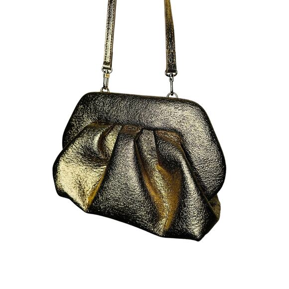 THEMOIRé Gold Leather Magnetic Button Closure Crossbody Clutch Purse Handbag - Picture 6 of 14